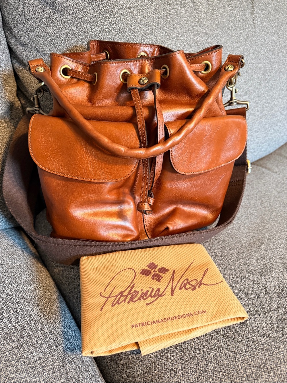 Patricia Nash Cognac Leather Drawstring Shoulder Bucket Bag
